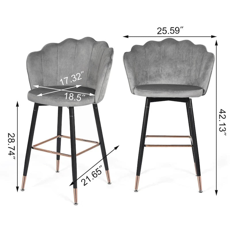 Velvet Bar Stools Set of 2 - 42"H - Metal Legs - Cushioned Seat - Kitchen Counter Height