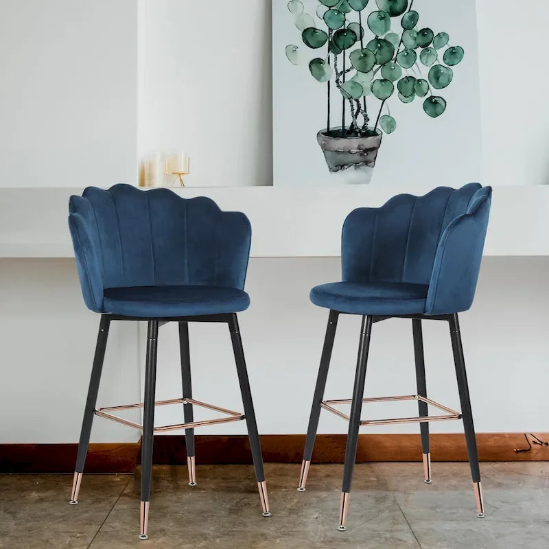 Velvet Bar Stools Set of 2 - 42"H - Metal Legs - Cushioned Seat - Kitchen Counter Height