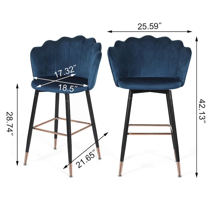 Velvet Bar Stools Set of 2 - 42"H - Metal Legs - Cushioned Seat - Kitchen Counter Height