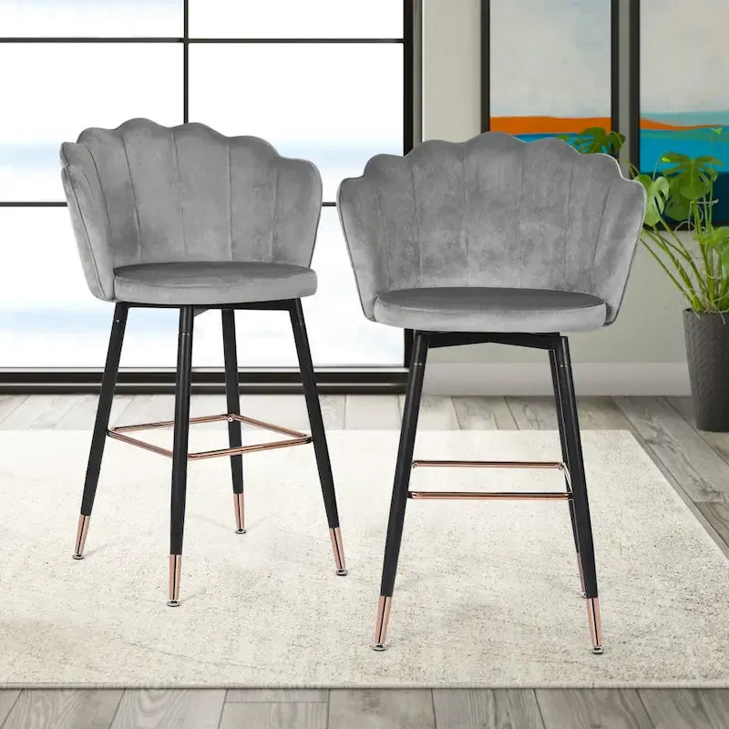 Velvet Bar Stools Set of 2 - 42"H - Metal Legs - Cushioned Seat - Kitchen Counter Height