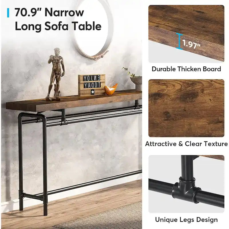 70.9" Console Sofa Table - Rustic Brown - MDF Wood Metal Frame - Entryway Living Room - 31.43"H x 11.8"D