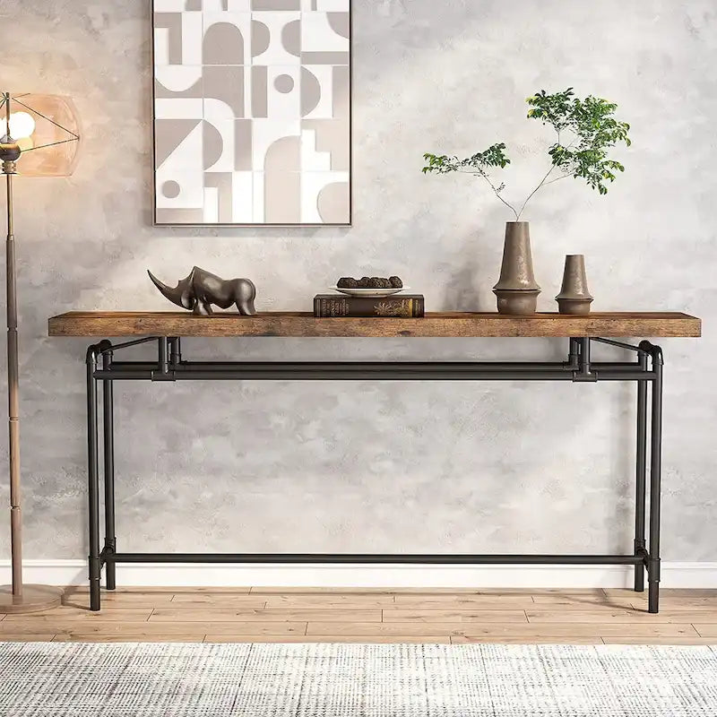70.9" Console Sofa Table - Rustic Brown - MDF Wood Metal Frame - Entryway Living Room - 31.43"H x 11.8"D