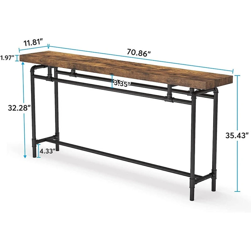 70.9" Console Sofa Table - Rustic Brown - MDF Wood Metal Frame - Entryway Living Room - 31.43"H x 11.8"D