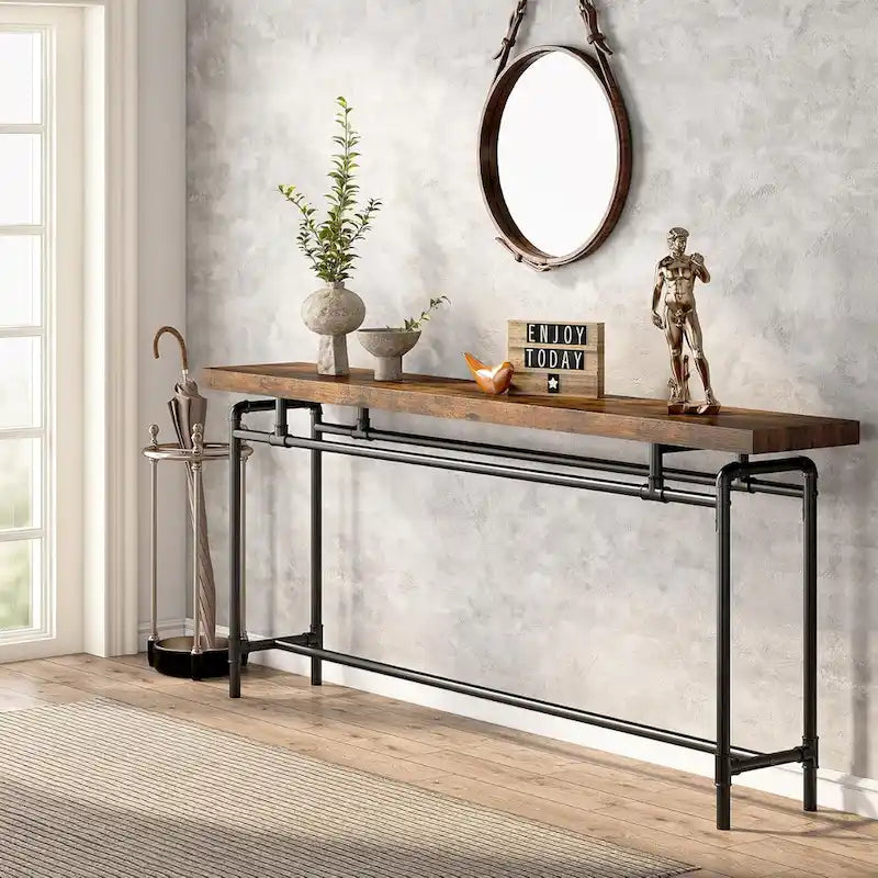 70.9" Console Sofa Table - Rustic Brown - MDF Wood Metal Frame - Entryway Living Room - 31.43"H x 11.8"D