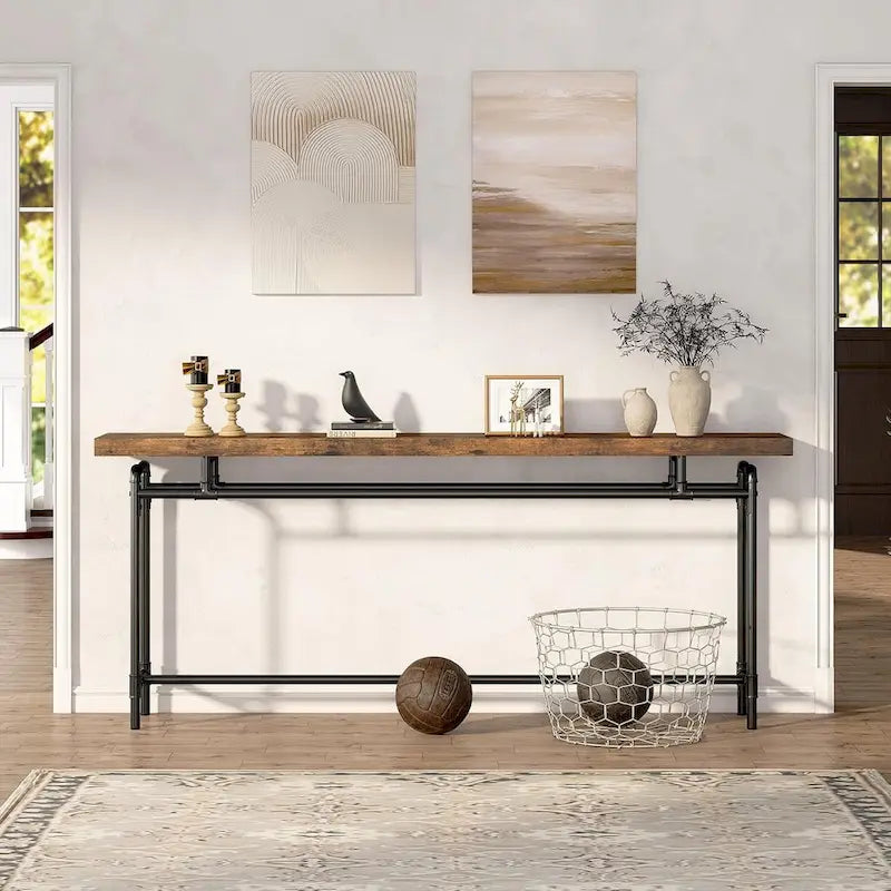 70.9" Console Sofa Table - Rustic Brown - MDF Wood Metal Frame - Entryway Living Room - 31.43"H x 11.8"D