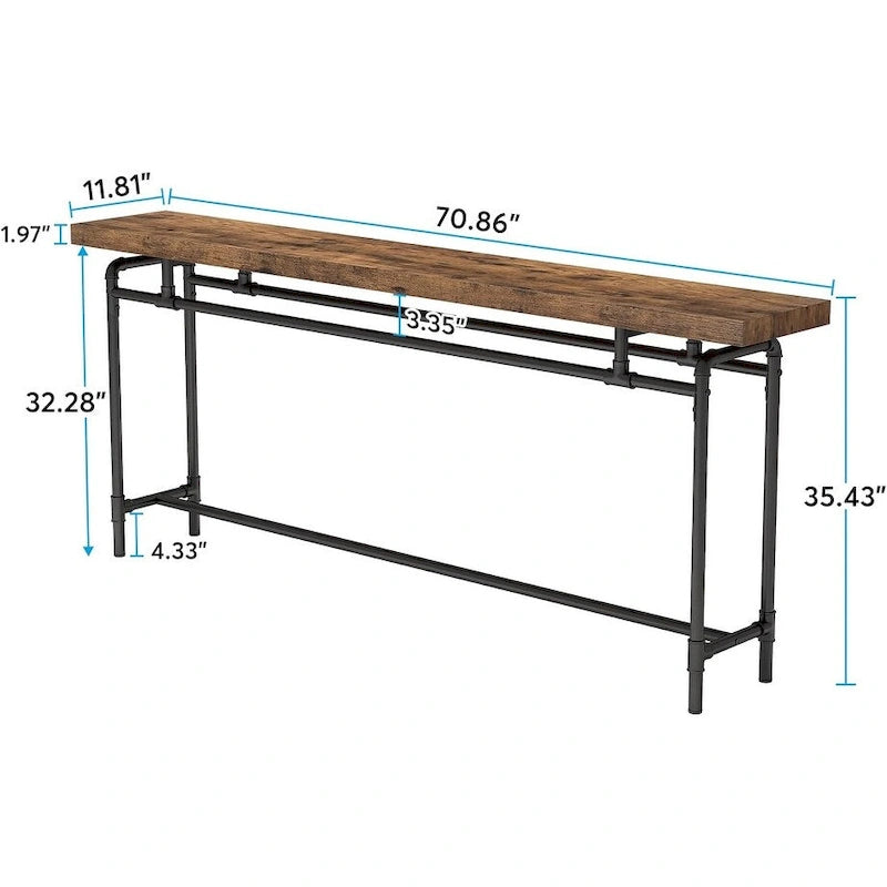70.9" Console Sofa Table - Rustic Brown - MDF Wood Metal Frame - Entryway Living Room - 31.43"H x 11.8"D