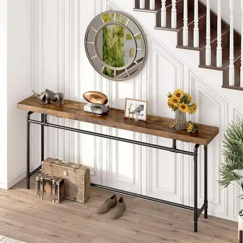 70.9" Console Sofa Table - Rustic Brown - MDF Wood Metal Frame - Entryway Living Room - 31.43"H x 11.8"D