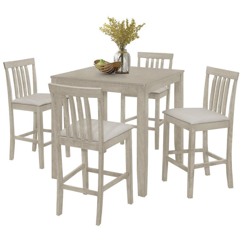 5-Piece Counter Height Dining Set 35.4" Square Table - 4 Upholstered Chairs - Solid Wood - Antique Grey