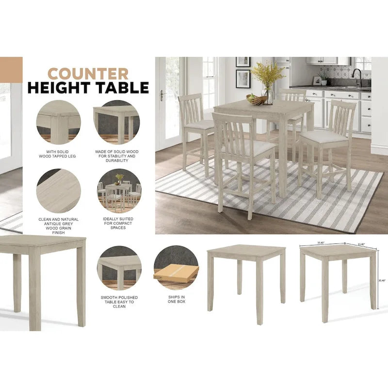 5-Piece Counter Height Dining Set 35.4" Square Table - 4 Upholstered Chairs - Solid Wood - Antique Grey