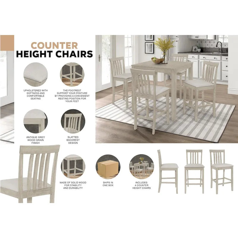 5-Piece Counter Height Dining Set 35.4" Square Table - 4 Upholstered Chairs - Solid Wood - Antique Grey