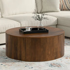 Solid Mango Wood Round Drum Coffee Table 36" - Contemporary Urban Design - Fully Assembled - Natural Finish