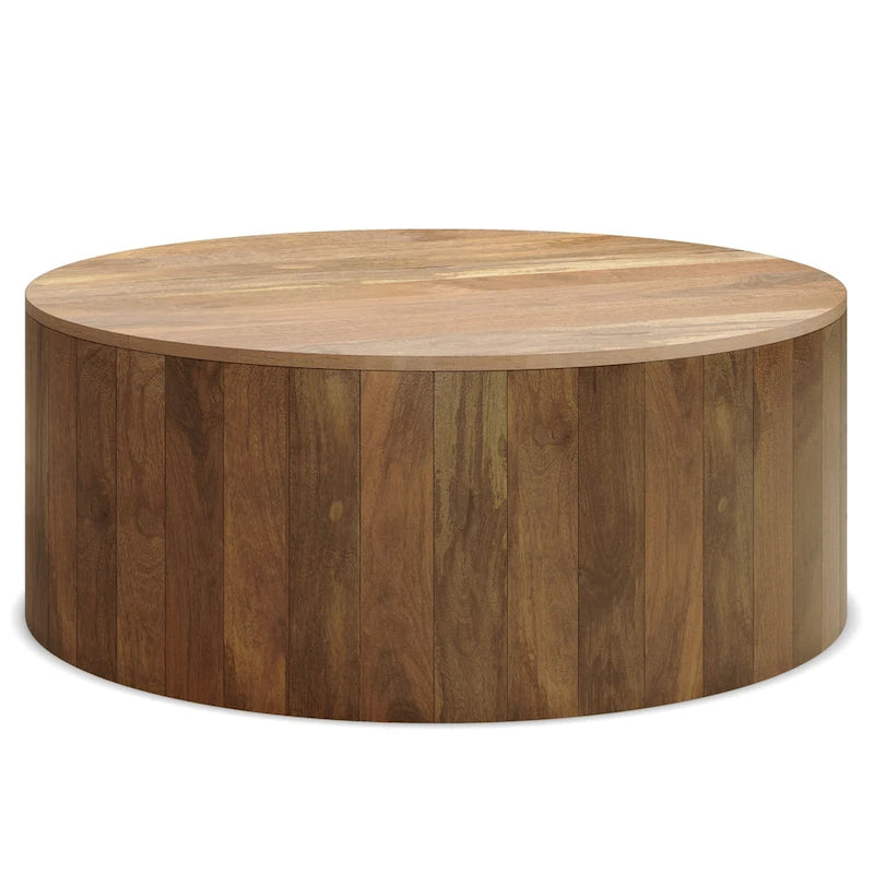 Solid Mango Wood Round Drum Coffee Table 36" - Contemporary Urban Design - Fully Assembled - Natural Finish