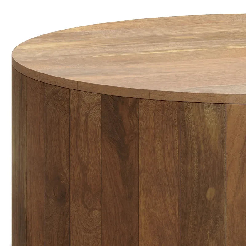 Solid Mango Wood Round Drum Coffee Table 36" - Contemporary Urban Design - Fully Assembled - Natural Finish