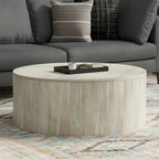 Solid Mango Wood Round Drum Coffee Table 36" - Contemporary Urban Design - Fully Assembled - Natural Finish