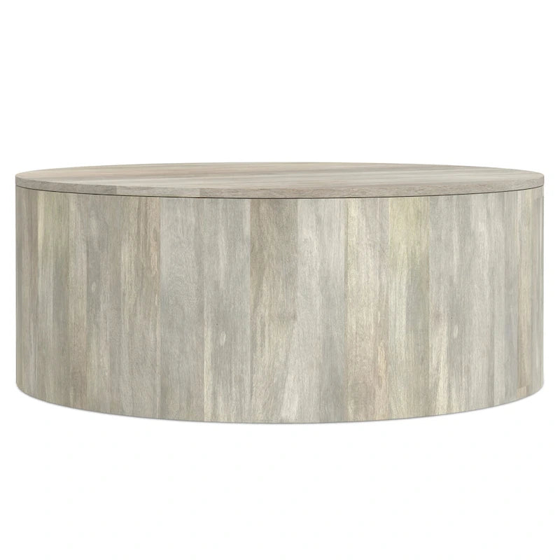 Solid Mango Wood Round Drum Coffee Table 36" - Contemporary Urban Design - Fully Assembled - Natural Finish