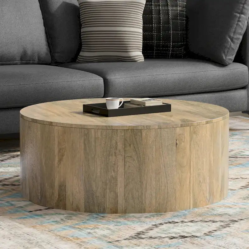Solid Mango Wood Round Drum Coffee Table 36" - Contemporary Urban Design - Fully Assembled - Natural Finish
