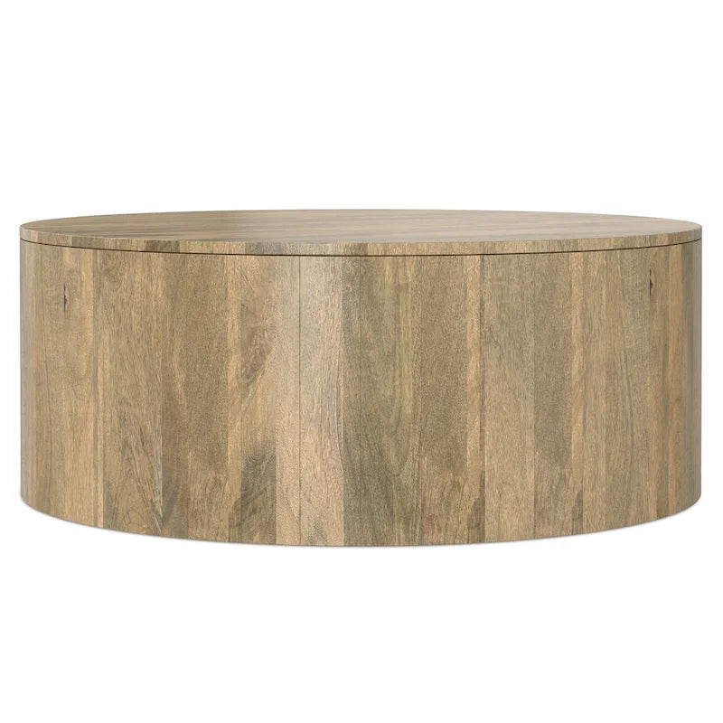 Solid Mango Wood Round Drum Coffee Table 36" - Contemporary Urban Design - Fully Assembled - Natural Finish