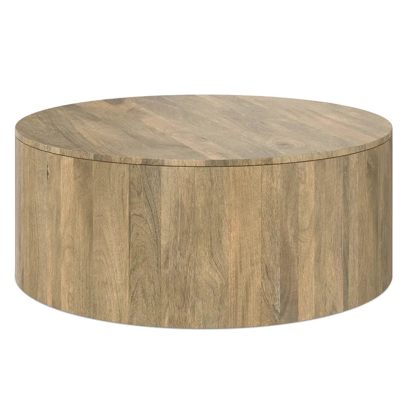 Solid Mango Wood Round Drum Coffee Table 36" - Contemporary Urban Design - Fully Assembled - Natural Finish
