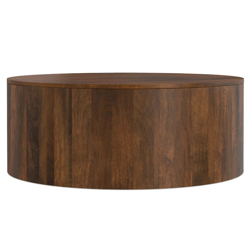 Solid Mango Wood Round Drum Coffee Table 36" - Contemporary Urban Design - Fully Assembled - Natural Finish