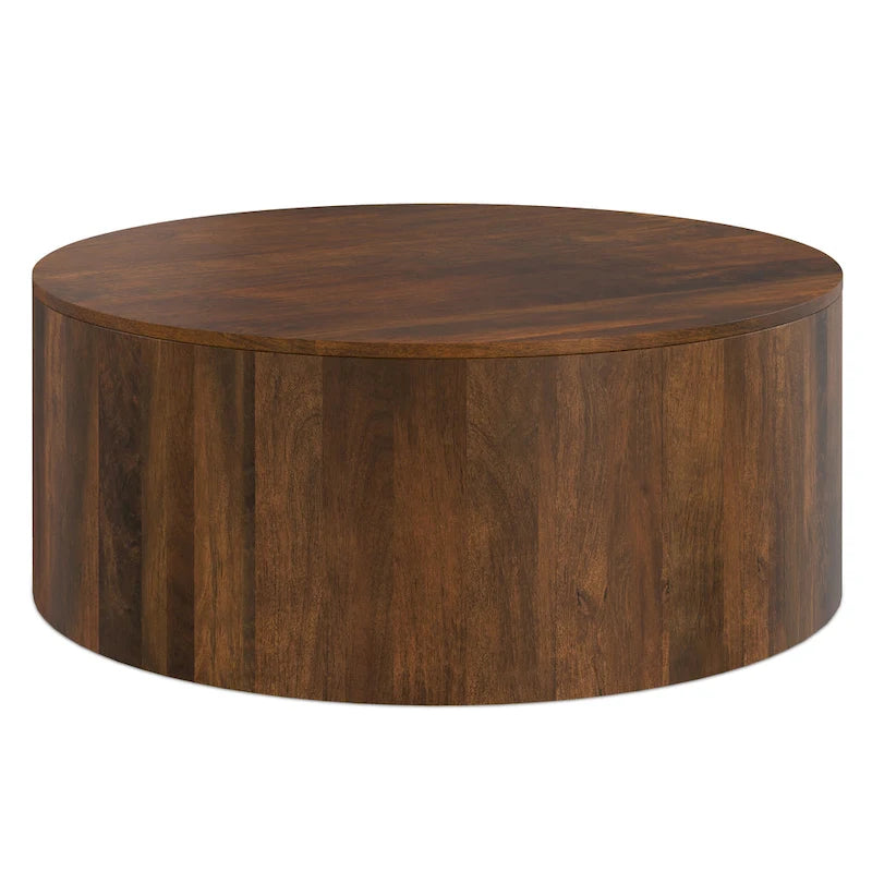 Solid Mango Wood Round Drum Coffee Table 36" - Contemporary Urban Design - Fully Assembled - Natural Finish