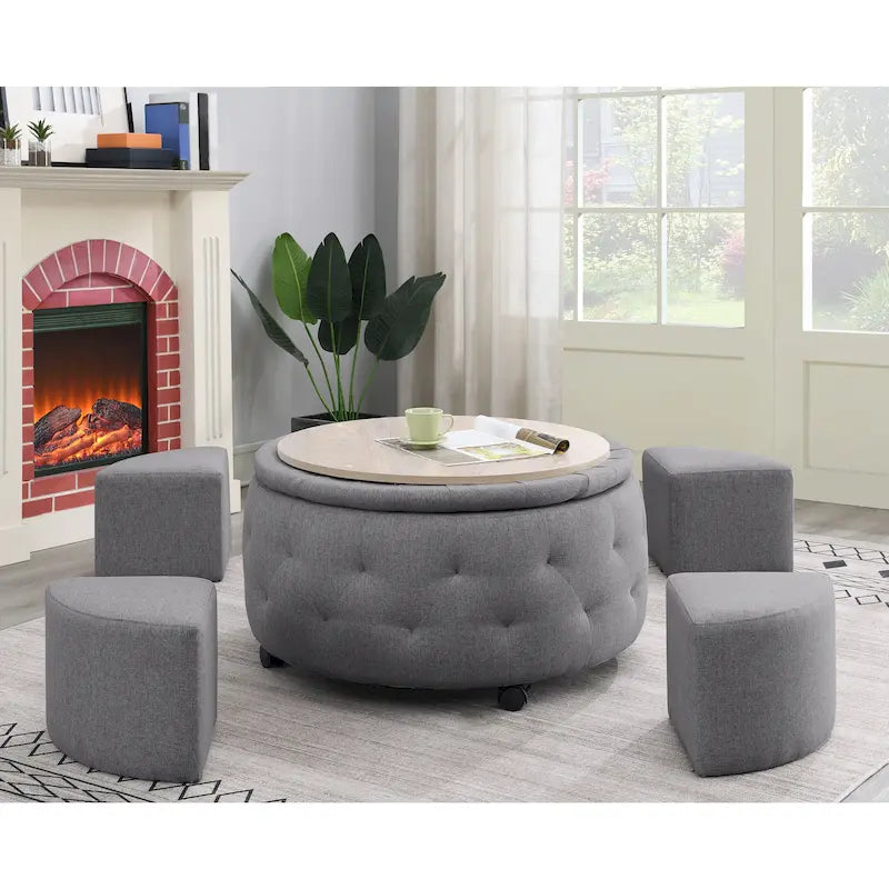 Grey Round Storage Ottoman Set of 5 - 36"L x 36"D x 19"H - 250lbs Capacity - Reversible Tray Top