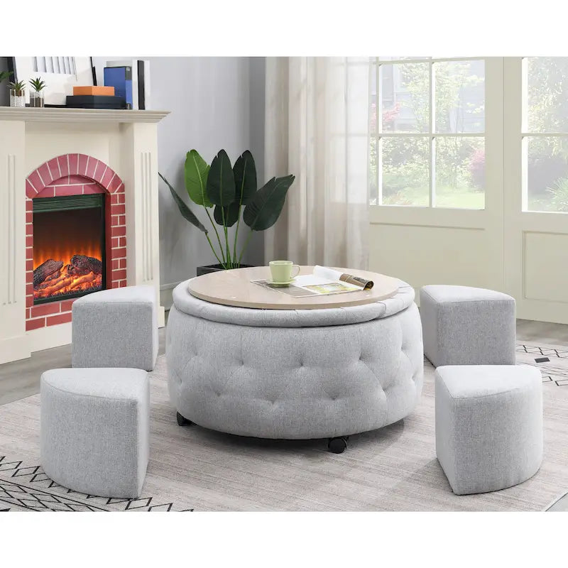 Grey Round Storage Ottoman Set of 5 - 36"L x 36"D x 19"H - 250lbs Capacity - Reversible Tray Top