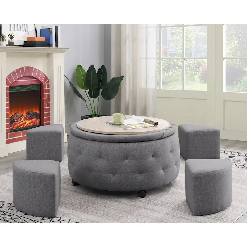 Indoor Grey Round Storage Ottoman Cocktail Set