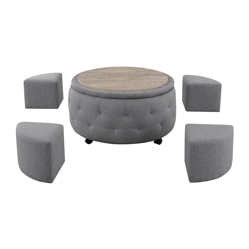 Grey Round Storage Ottoman Set of 5 - 36"L x 36"D x 19"H - 250lbs Capacity - Reversible Tray Top