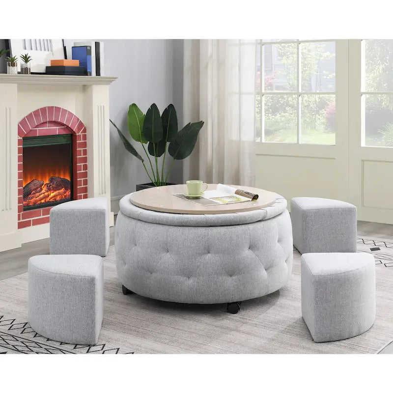 Grey Round Storage Ottoman Set of 5 - 36"L x 36"D x 19"H - 250lbs Capacity - Reversible Tray Top