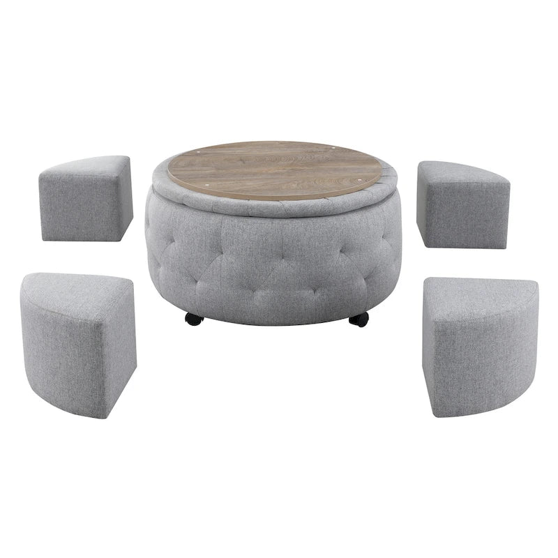 Grey Round Storage Ottoman Set of 5 - 36"L x 36"D x 19"H - 250lbs Capacity - Reversible Tray Top