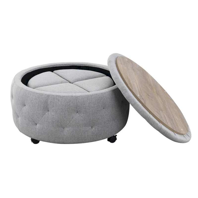 Grey Round Storage Ottoman Set of 5 - 36"L x 36"D x 19"H - 250lbs Capacity - Reversible Tray Top