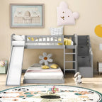 Twin over Twin Bunk Bed with Staircase Slide & 2 Drawers - Gray Pine Wood - 94.3"L x 91.8"W x 48.8"H