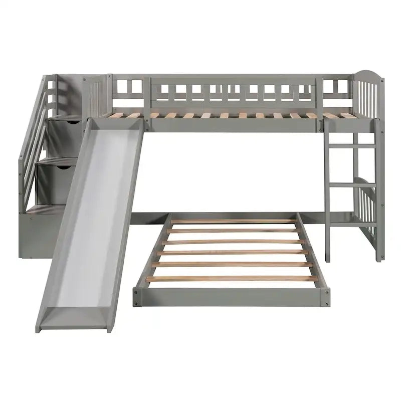 Twin over Twin Bunk Bed with Staircase Slide & 2 Drawers - Gray Pine Wood - 94.3"L x 91.8"W x 48.8"H