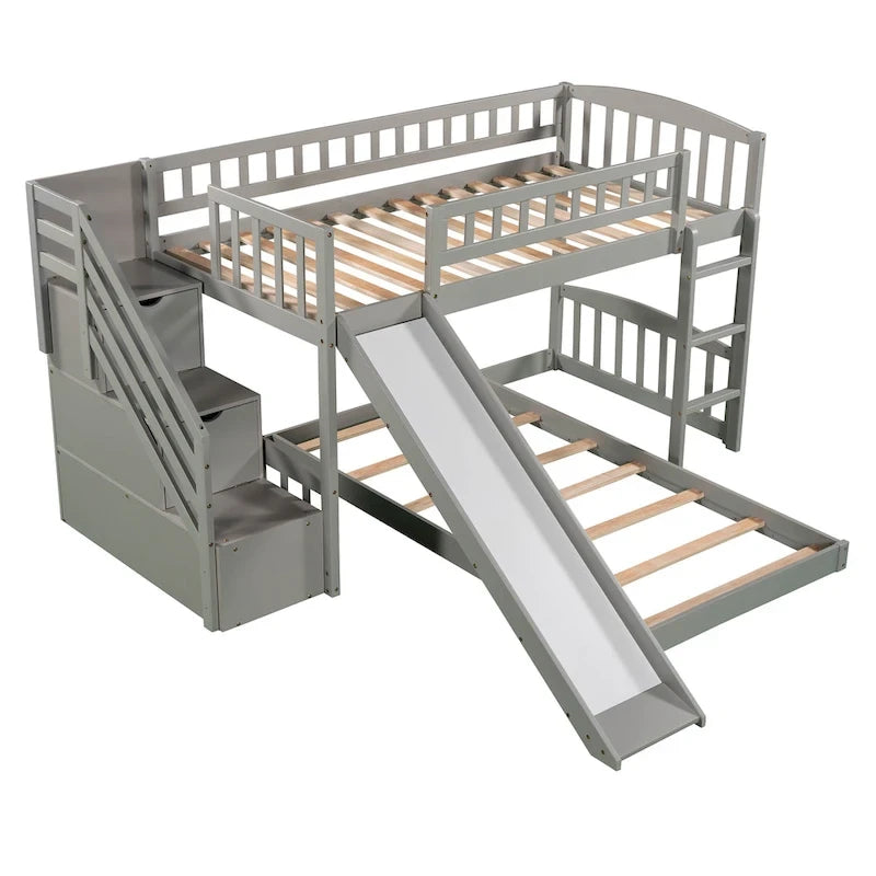 Twin over Twin Bunk Bed with Staircase Slide & 2 Drawers - Gray Pine Wood - 94.3"L x 91.8"W x 48.8"H