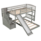 Twin over Twin Bunk Bed with Staircase Slide & 2 Drawers - Gray Pine Wood - 94.3"L x 91.8"W x 48.8"H