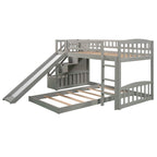 Twin over Twin Bunk Bed with Staircase Slide & 2 Drawers - Gray Pine Wood - 94.3"L x 91.8"W x 48.8"H