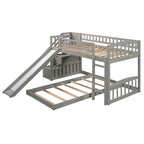 Twin over Twin Bunk Bed with Staircase Slide & 2 Drawers - Gray Pine Wood - 94.3"L x 91.8"W x 48.8"H