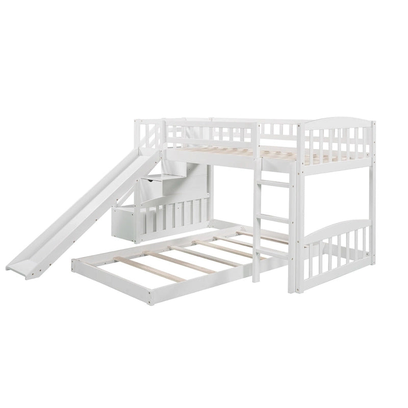 Twin over Twin Bunk Bed with Staircase Slide & 2 Drawers - Gray Pine Wood - 94.3"L x 91.8"W x 48.8"H
