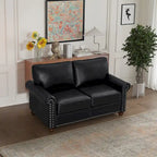 Faux Leather Loveseat Sofa with Storage - Black PU Couch 600lbs Capacity - Nailhead Trim Living Room