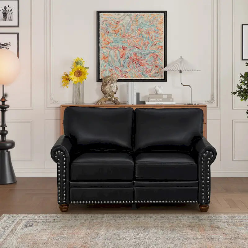 Faux Leather Loveseat Sofa with Storage - Black PU Couch 600lbs Capacity - Nailhead Trim Living Room