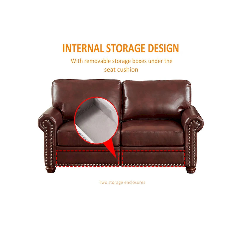 Faux Leather Loveseat Sofa with Storage - Black PU Couch 600lbs Capacity - Nailhead Trim Living Room