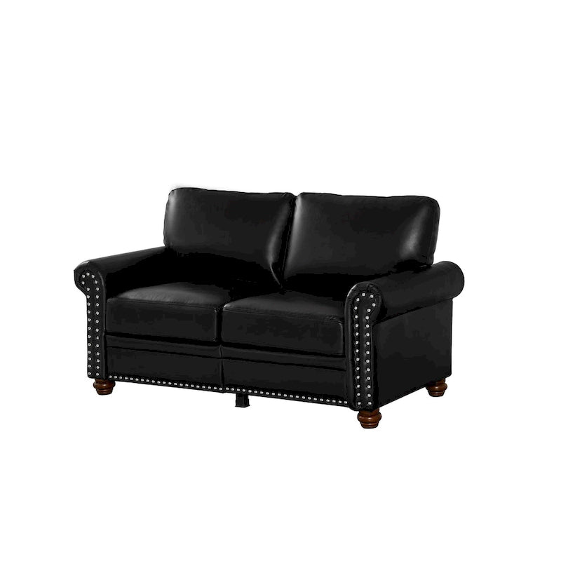 Faux Leather Loveseat Sofa with Storage - Black PU Couch 600lbs Capacity - Nailhead Trim Living Room
