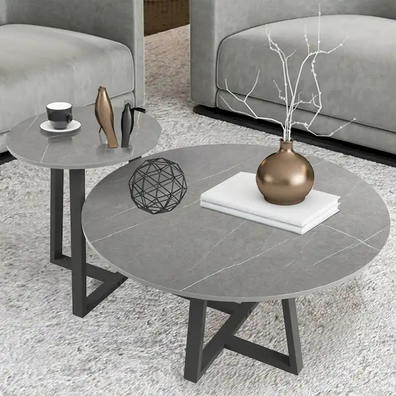 Set of 2 Round Nesting Tables Sintered Stone Marble Coffee Table - 31.5x15.7 inch