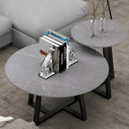Round Nesting Coffee Tables Set of 2 - Sintered Stone Top 31.5" & 17.7" - Modern Black Metal Legs