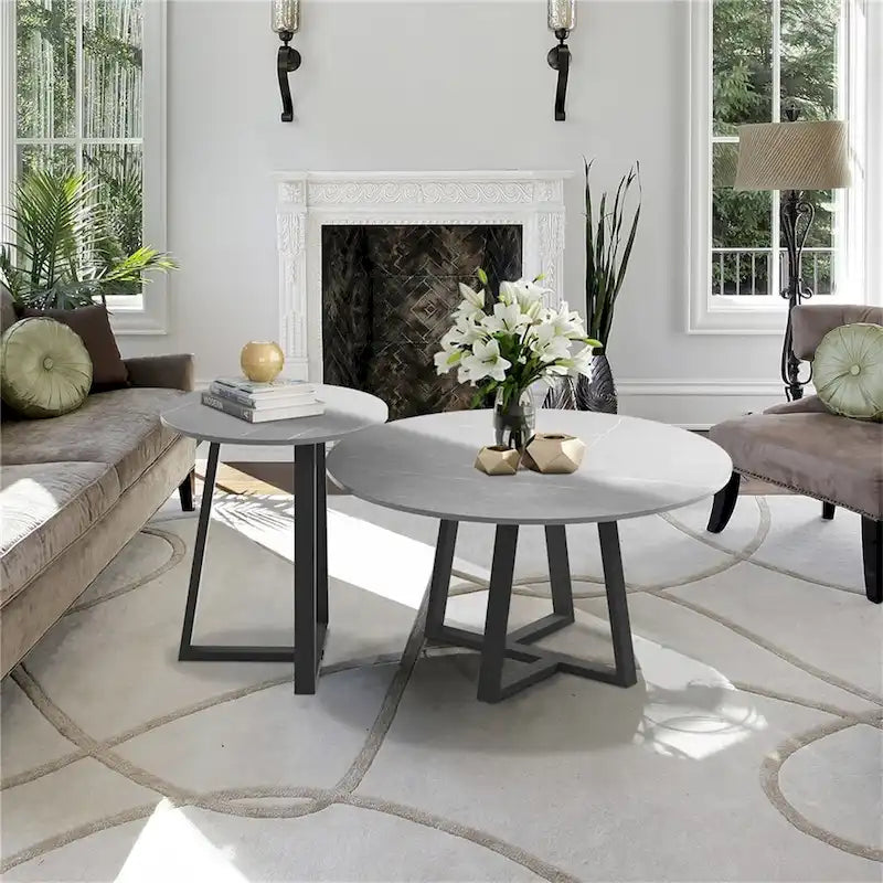 Round Nesting Coffee Tables Set of 2 - Sintered Stone Top 31.5" & 17.7" - Modern Black Metal Legs