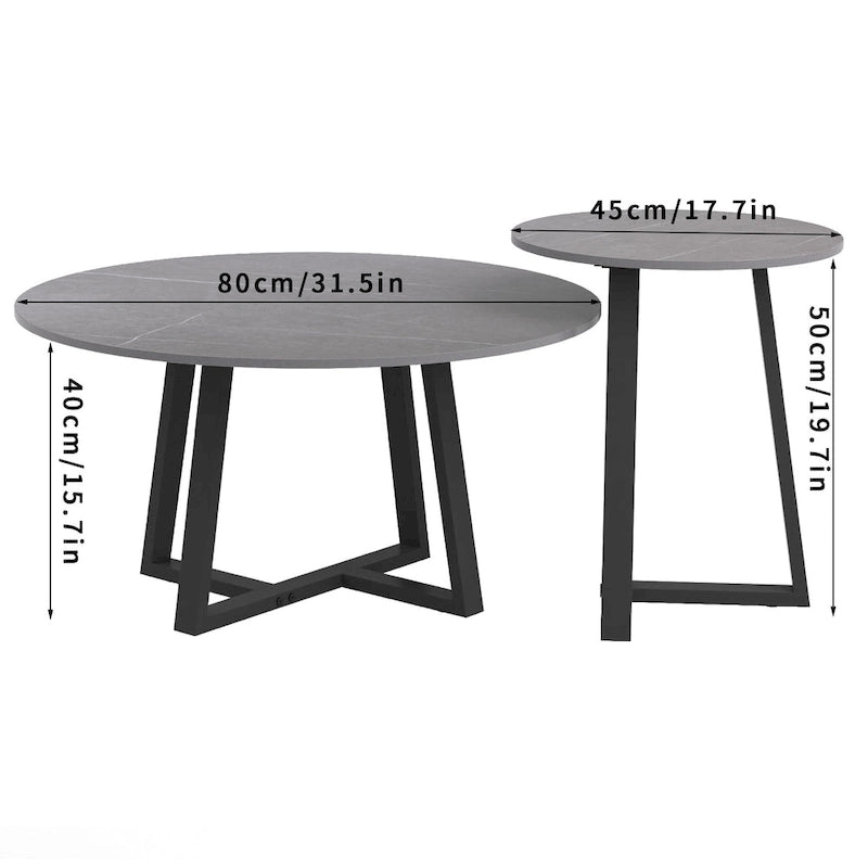 Round Nesting Coffee Tables Set of 2 - Sintered Stone Top 31.5" & 17.7" - Modern Black Metal Legs