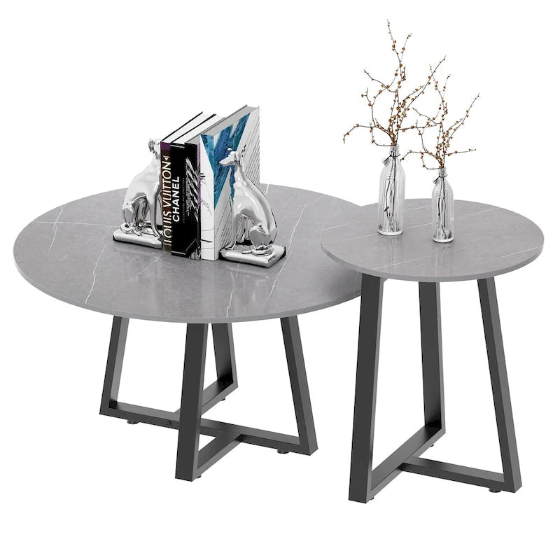 Round Nesting Coffee Tables Set of 2 - Sintered Stone Top 31.5" & 17.7" - Modern Black Metal Legs