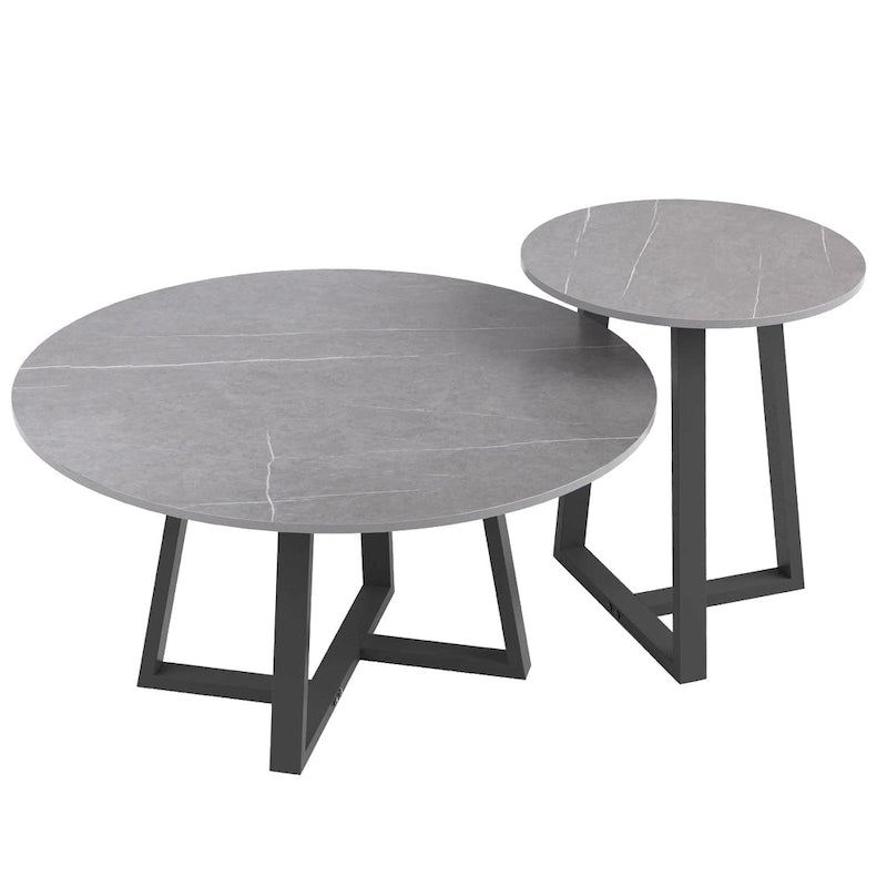 Round Nesting Coffee Tables Set of 2 - Sintered Stone Top 31.5" & 17.7" - Modern Black Metal Legs