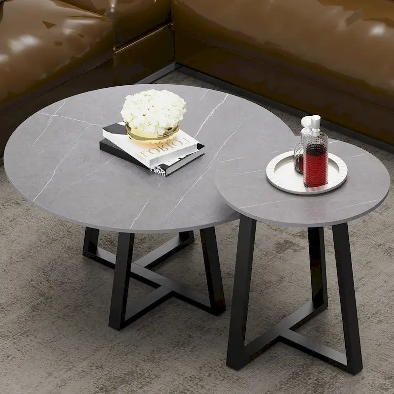 Round Nesting Coffee Tables Set of 2 - Sintered Stone Top 31.5" & 17.7" - Modern Black Metal Legs