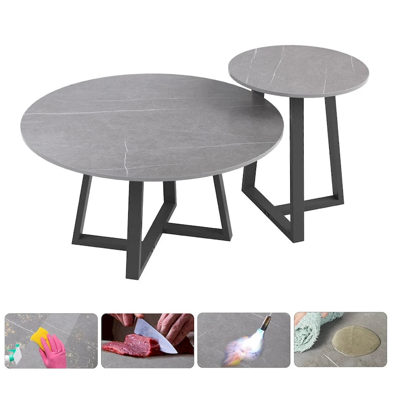 Round Nesting Coffee Tables Set of 2 - Sintered Stone Top 31.5" & 17.7" - Modern Black Metal Legs